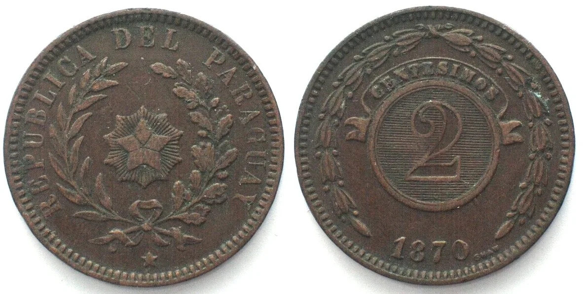 1870 PARAGUAY. 2 Centesimos 1870 copper VF+