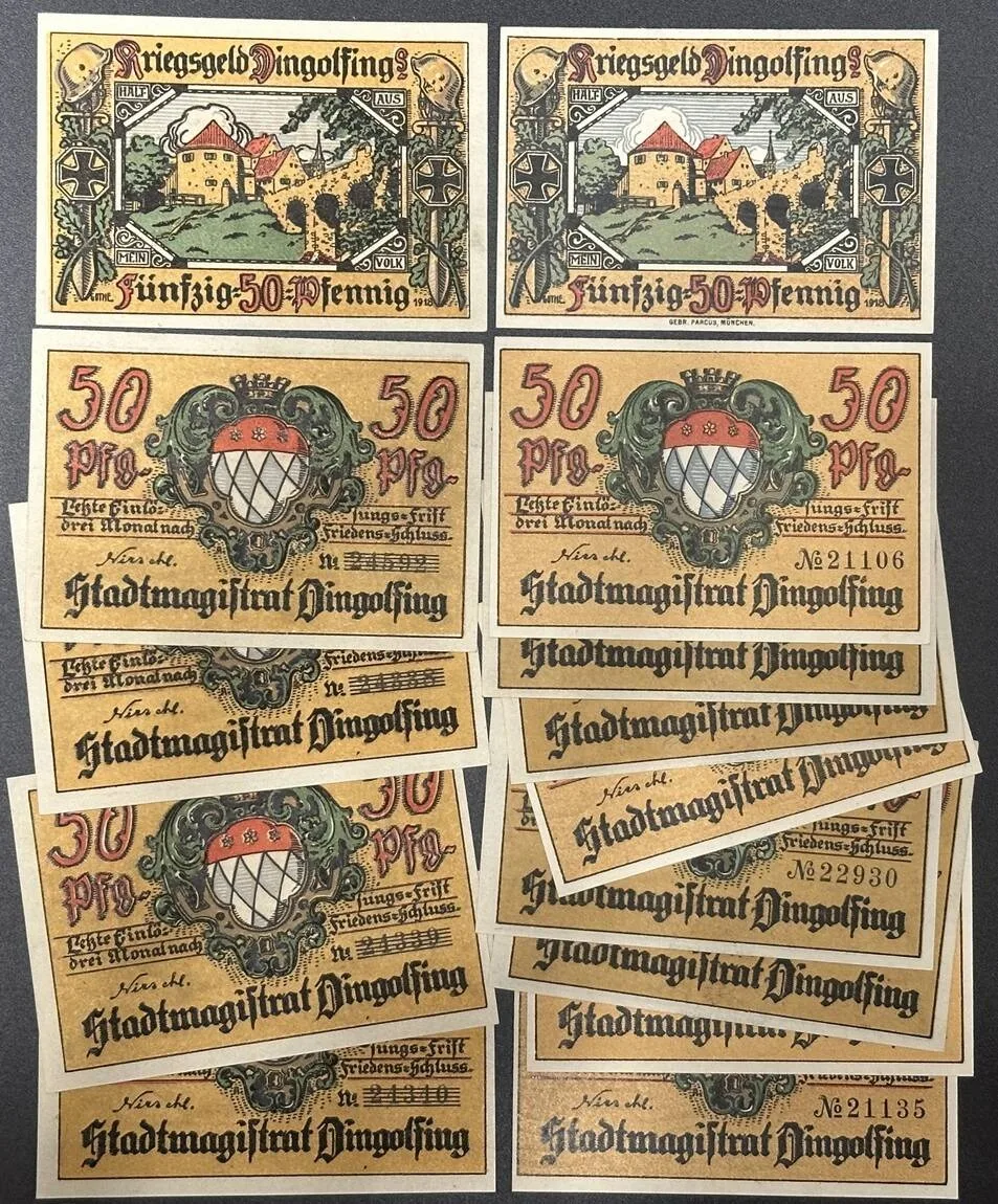 1918 GERMANY. Notgeld. DINGOLFING 14 x 50 Pfennig 1918 different varieties UNC-