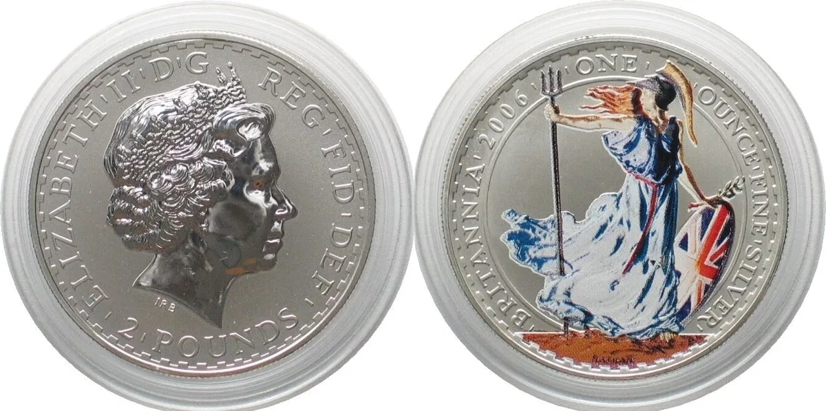 2006 BRITANNIA 2 Pounds 2006, 1 oz pure silver - COLORED - RARE! BU
