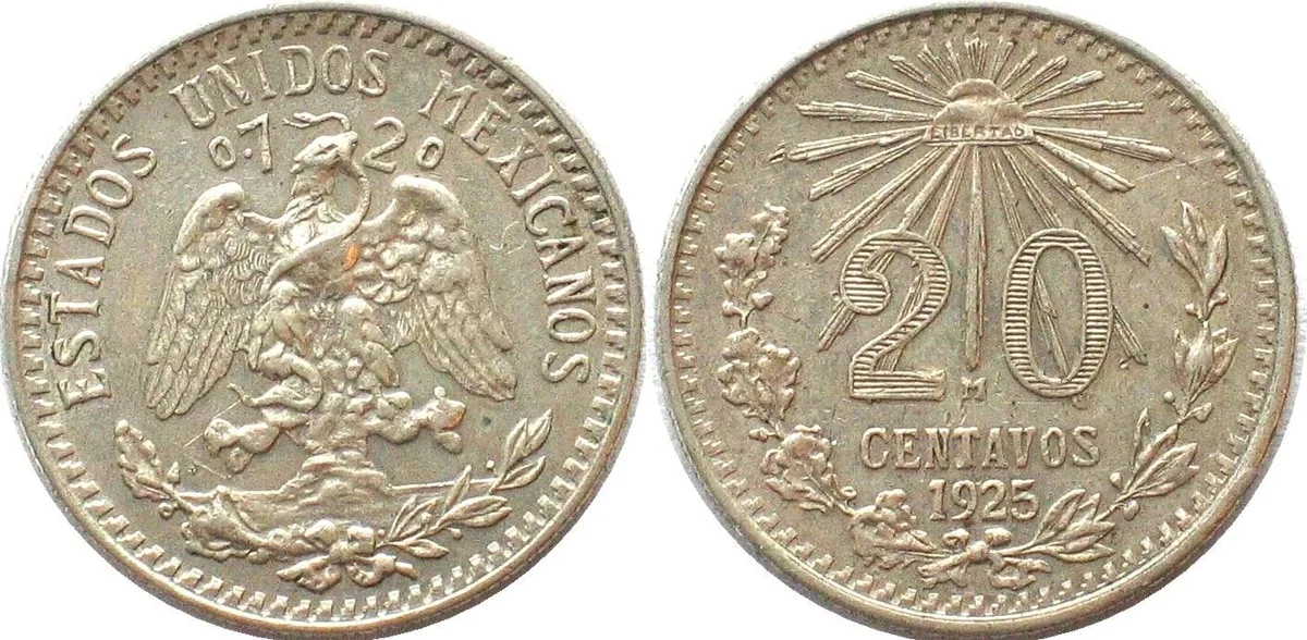 1925 MEXICO. 20 Centavos 1925, silver, AU
