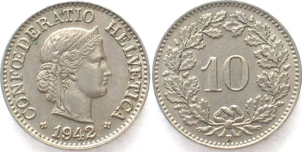 1942 SWITZERLAND 10 Rappen 1942 Cu-Ni AU!
