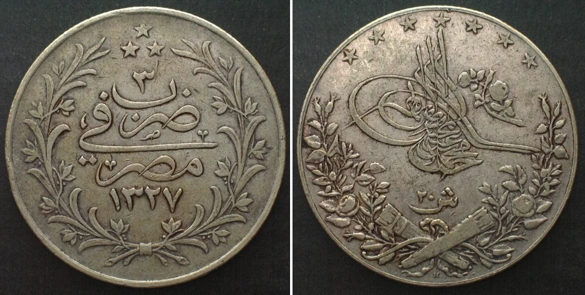 1911 EGYPT. 20 Qirsh AH 1327/3 H (1911) MUHAMMAD V, silver VF-XF VF-EF