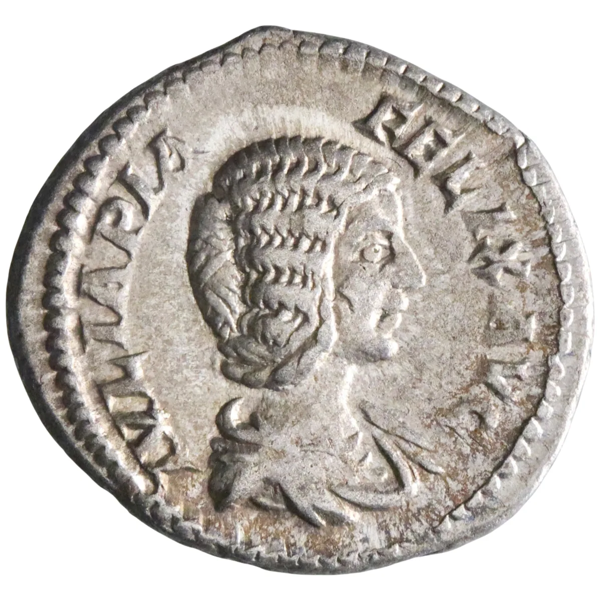Roman: Julia Domna (193-217), silver denarius (3.25g), Rome mint, 211-217 CE. Cybele towered, standing front, head left, holding drum and sceptre, resting left arm on column, lion at feet.