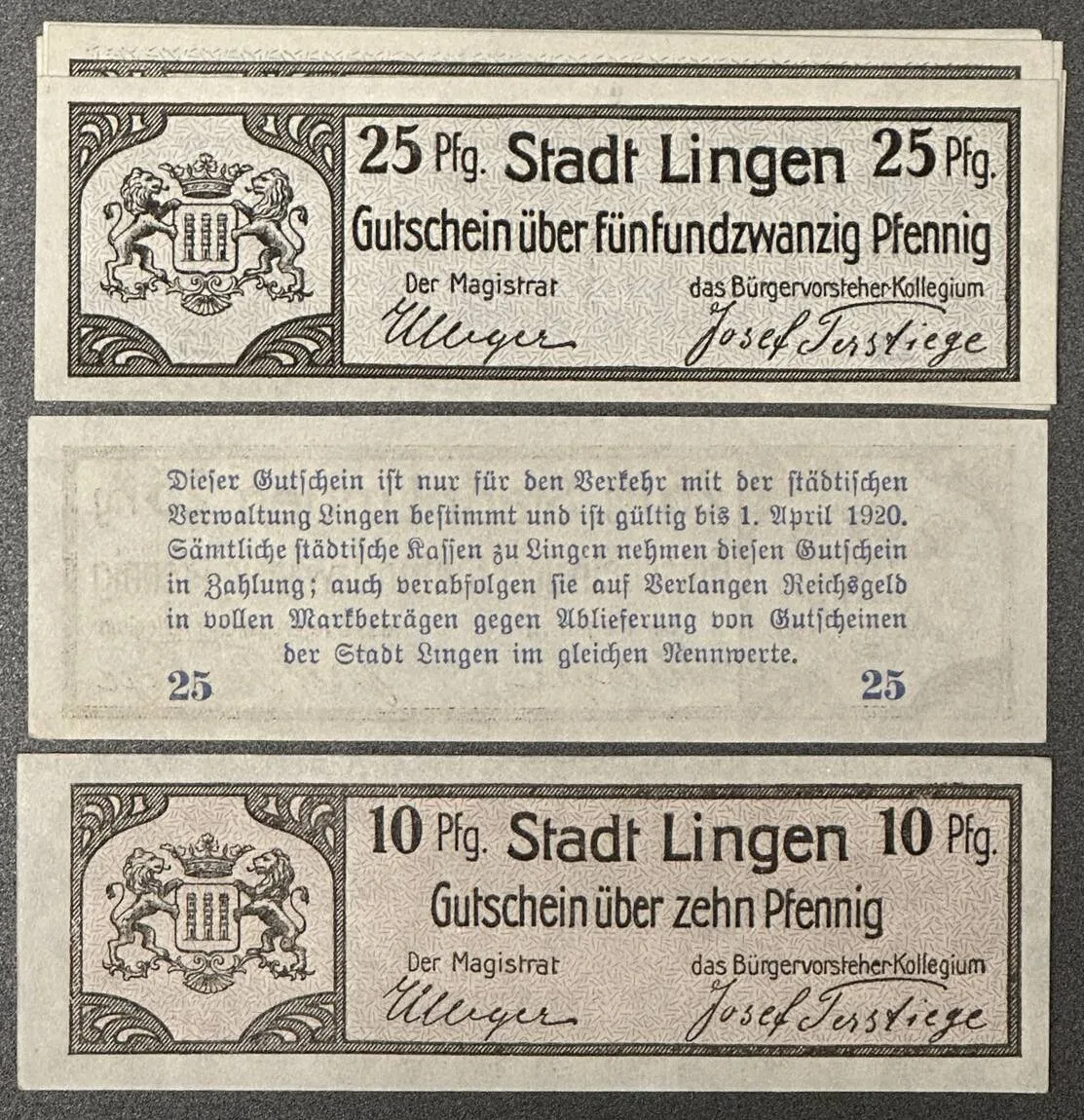 1919 GERMANY. Notgeld. LINGEN 1 x 10 Pfennig, 6 x 25 Pfennig ND (1919) UNC