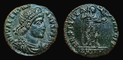 Valentinian I 364-367 AD (February 25 and December 364 AD) AE 19mm, 1.77gm. Sirmium mint. Beautiful coin, Dark green patina. EF Scarce