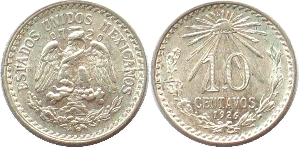 1926 MEXICO. 10 Centavos 1926, scarce date! silver, UNC