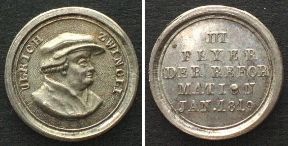 1819 ZURICH 3rd Ann. of Reformation 1819, ULRICH ZWINGLI, by J. Aberli, silver 14mm UNC-