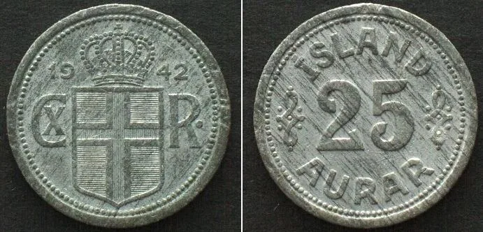 1942 ICELAND 25 Aurar 1942, CHRISTIAN X, zinc UNC-!