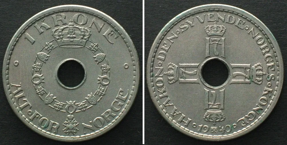 1940 NORWAY. 1 Krone 1940 HAAKON VII Cu-Ni UNC!
