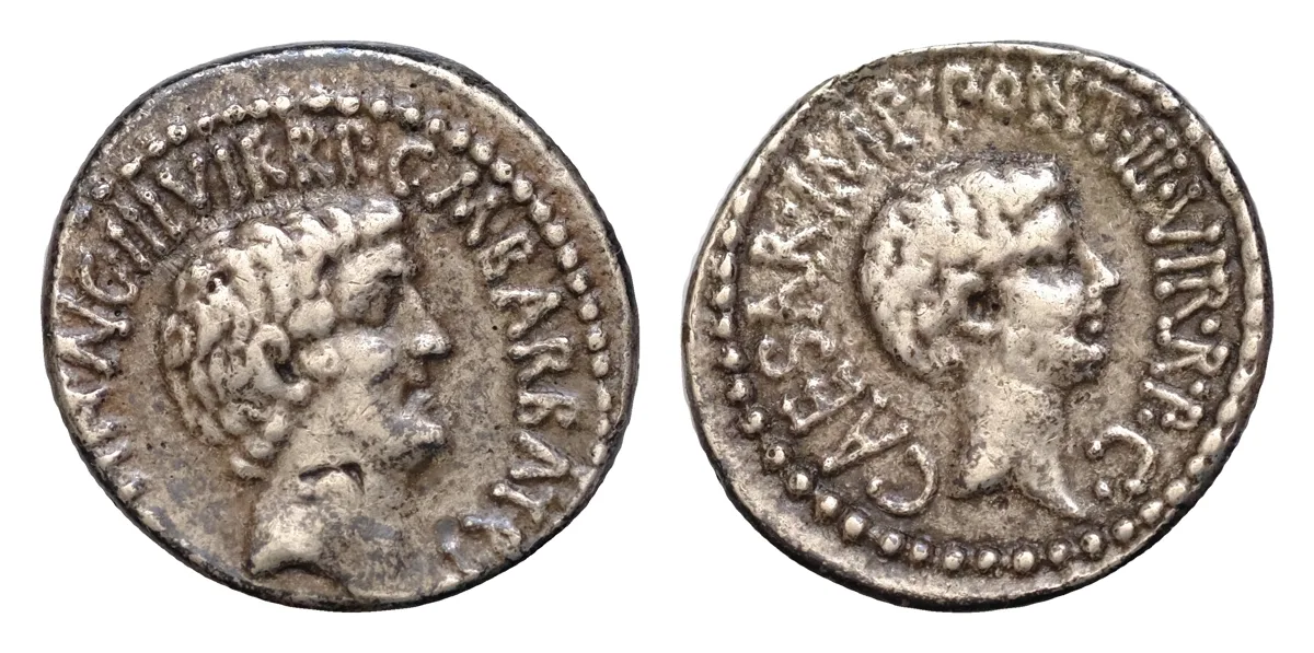 Marc Antony and Octavian, as Imperators and Triumvirs (43-33 BC), with Marcus Barbatius Pollio, as Quaestor Pro Praetore. AR denarius (18,5mm, 3.78gm, ).  Ephesus, 41 BC.
