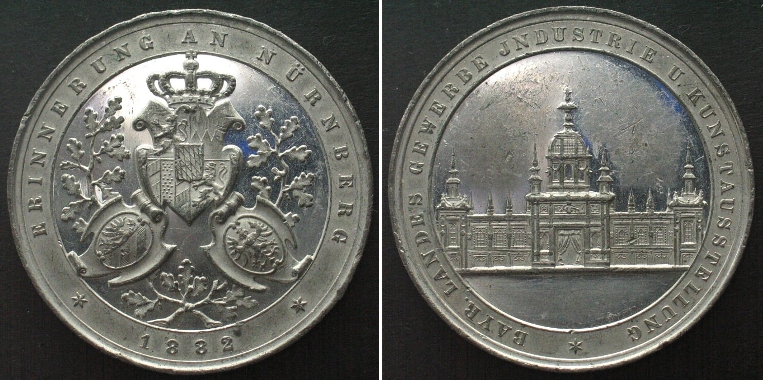 1882 NUREMBERG. 1882 BAVARIAN EXPO, white metal, 47mm, UNC-