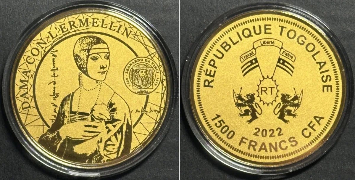 2022 TOGO 1500 Francs CFA 2022 Dama con l'Ermellin LEONARDO DA VINCI Gold 1/200 oz Proof