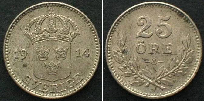 1914 SWEDEN 25 Öre 1914 GUSTAF V silver AU!