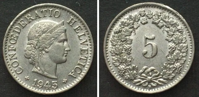 1945 SWITZERLAND 5 Rappen 1945 Cu-Ni SCARCE!!! AU!