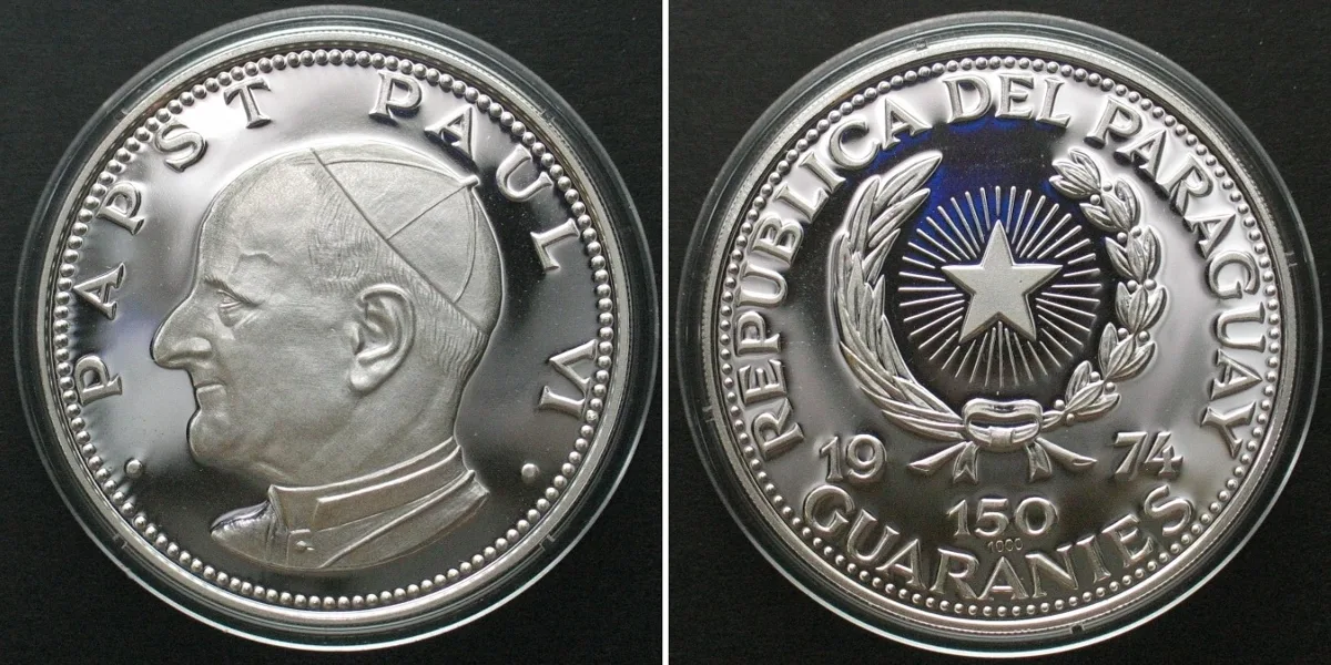 1974 PARAGUAY. 150 Guaranies 1974, POPE PAUL VI, silver RARE! Proof