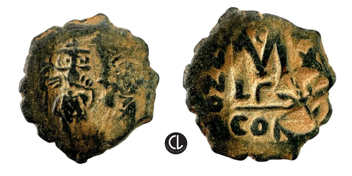 Arab Byzantine, Probably Military Mint of Arab Imitation, Arab Byzantine, temp. Heraclius with Heraclius Constantine, Nablus(?) mint, AE Follis, RY 25 = AD 634/35 – Countermark (HRC) Type 1 – RRRR