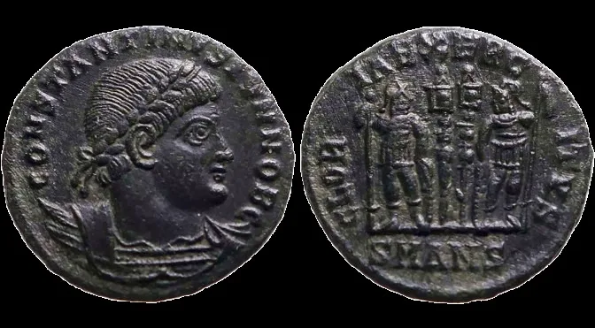 Constantine II as Caesar 316-337 AD (Struck 330-335 AD) AE 17mm 2.30gm Follis Antioch, almost centered perfectly, Black Patina, AU