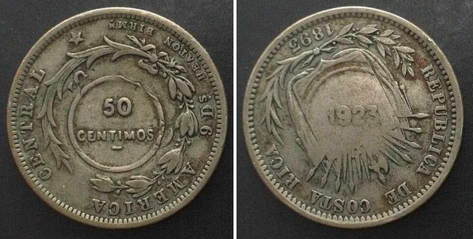 1923 COSTA RICA 50 Centimos 1923 Type VIII counterstamped 25 Centavos 1893 silver VF+