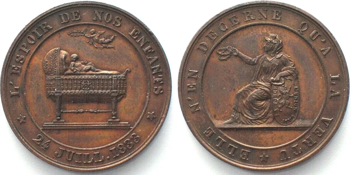 1833 CROWN PRINCE LOUIS PHILIPPE, Birth 1833 medal by Jouvenel, copper 32mm UNC