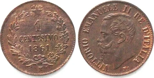 1861 ITALY. 1 Centesimo 1861 M over inverted M, VITTORIO EMANUELE II copper UNC!!!
