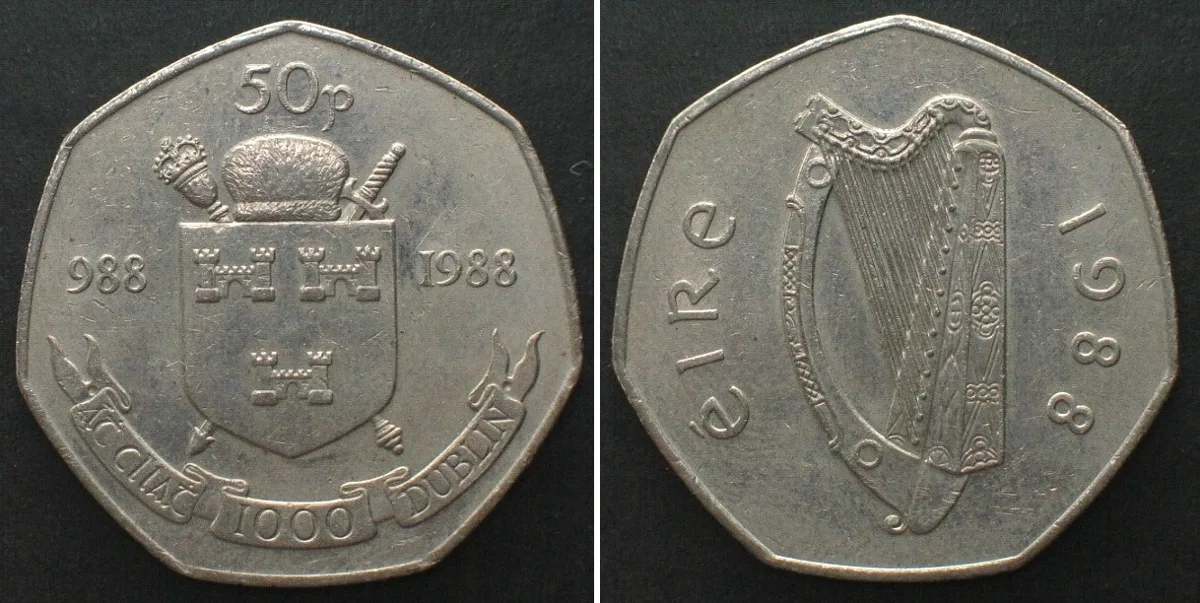 1988 IRELAND 50 Pence 1988, DUBLIN MILLENNIUM, Cu-Ni AU