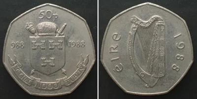 1988 IRELAND 50 Pence 1988, DUBLIN MILLENNIUM, Cu-Ni AU