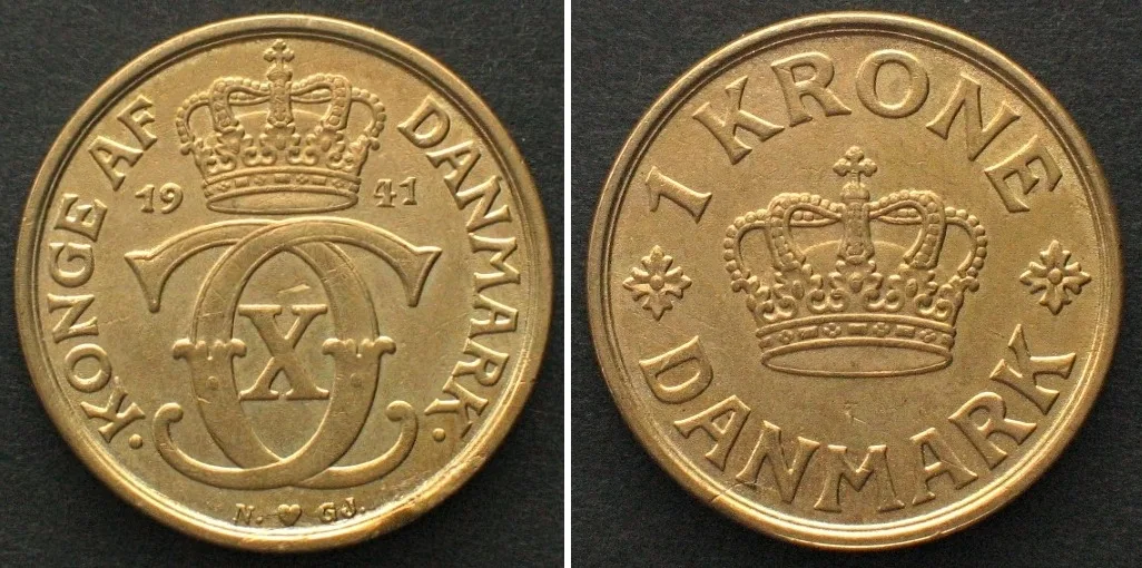 1941 DENMARK 1 Krone 1941 CHRISTIAN X Al-Br KEY DATE! UNC-