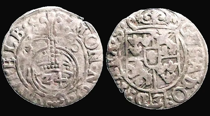 1630 Elbing under Sweden, Gustav II Adolf AR 18.4mm 1.20gm, 3 Polker. Slight bend on top