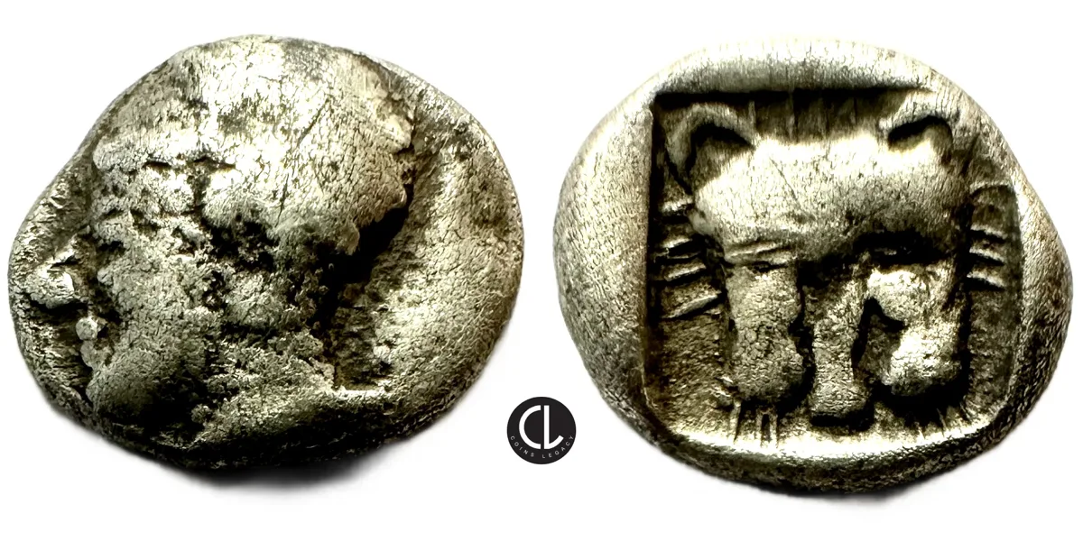 Caria, Uncertain Mint, AR Obol, Mid 5th Centruy BC, Follows Aeginetanian standard, Female Head / Lion – RRRRR