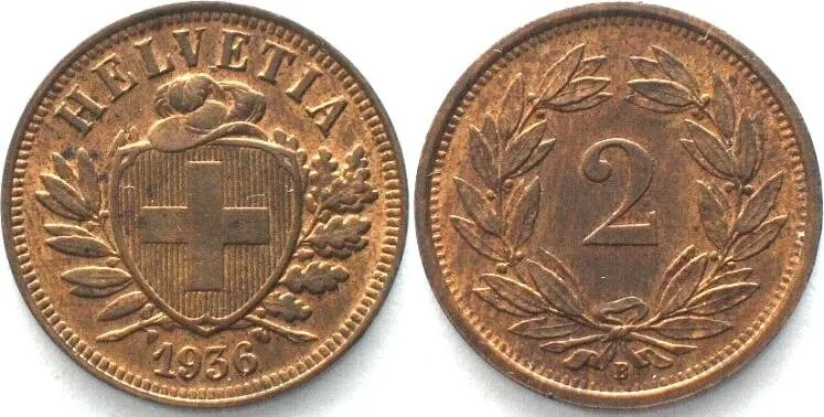 1936 SWITZERLAND 2 Rappen 1936 Bronze UNC!