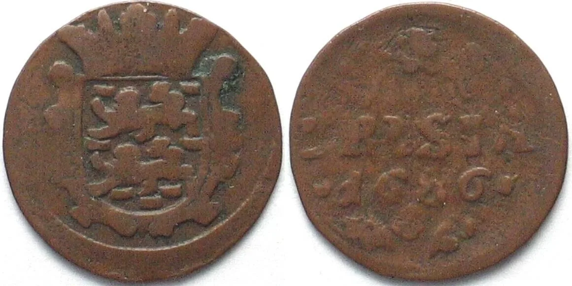 1686 NETHERLANDS - FRIESLAND Duit 1686 Lion copper VF