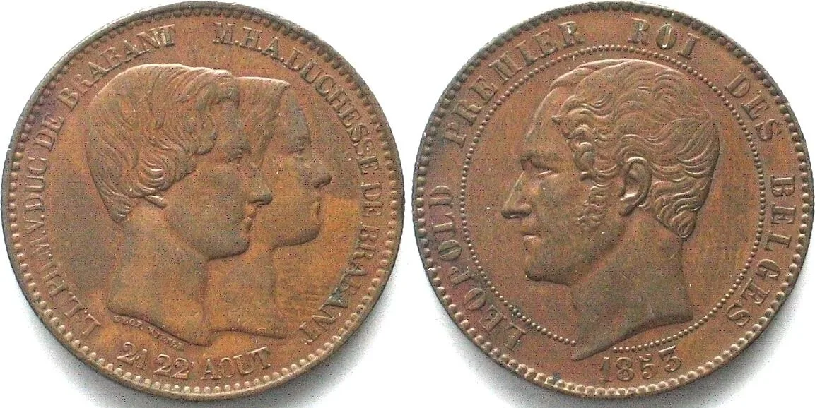 1853 BELGIUM 10 Centimes 1853 Royal Prince Wedding LEOPOLD I copper AU!