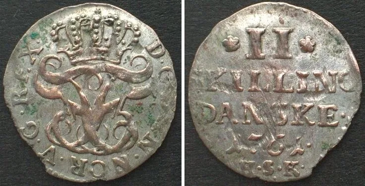 1761 DENMARK. 2 Skilling 1761 HSK, FREDERIK V silver AU!