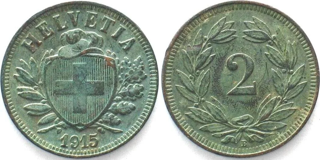 1915 SWITZERLAND 2 Rappen 1915 Bronze AU!