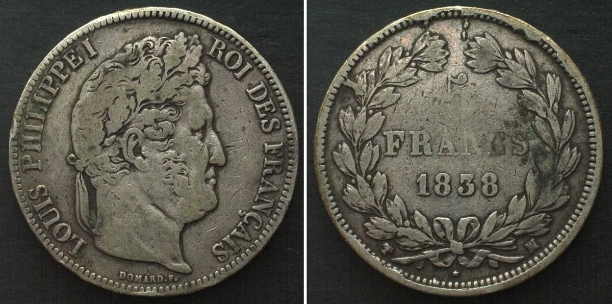 1838 FRANCE 5 Francs 1838 MA, Marseille mint, LOUIS PHILIPPE silver VF