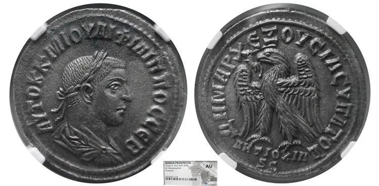 SYRIA, Seleucis and Pieria. Philip II. BI Tetradrachm. NGC-AU. Sharply struck on a nice broad meddalic flan. Toned. Lovely example for the issue.