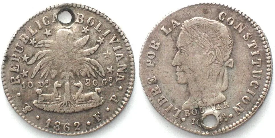 1862 BOLIVIA 2 Soles 1862 FP, PTS, Potosi mint,BOLIVAR silver VF+