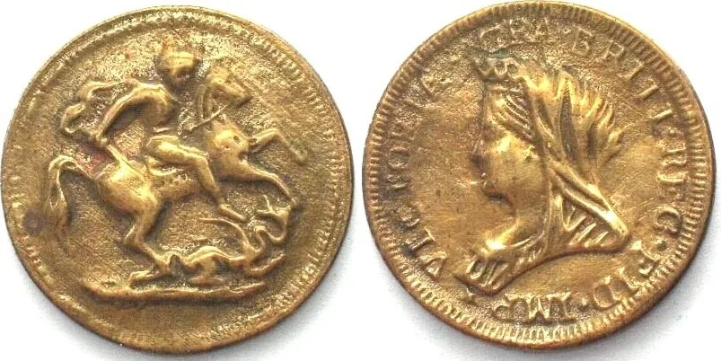 1920 GREAT BRITAIN. Jeweler's Imitation 1/2 Sovereign ND (about 1920) VICTORIA, brass EF