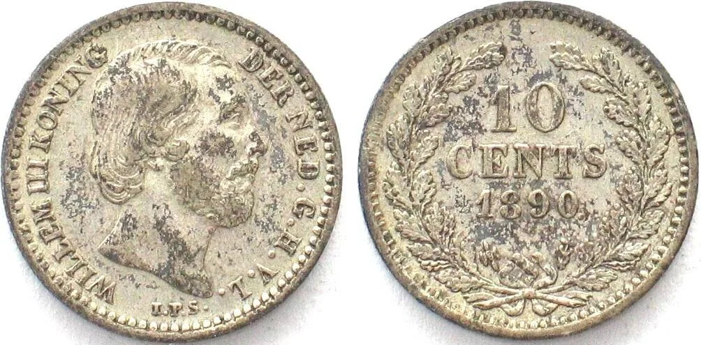 1890 NETHERLANDS 10 Cents 1890 WILLEM III silver AU!