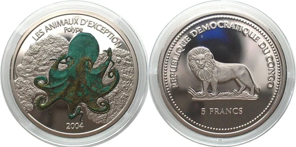 2004 CONGO 5 Francs 2004 Octopus EXCEPTIONAL ANIMALS Cu-Ni Proof COLORED Proof