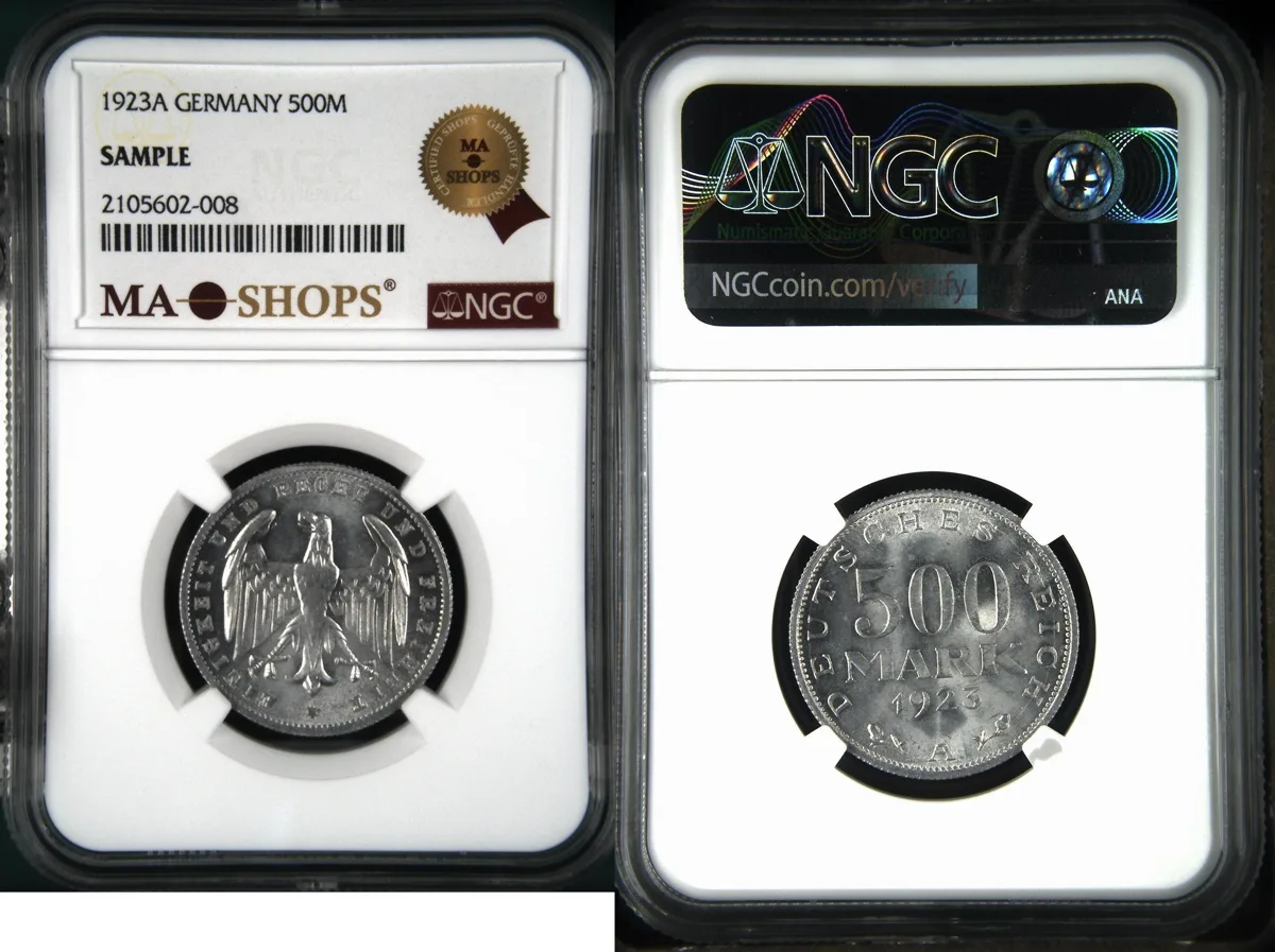 500 Mark 1923A NGC SAMPLE SLAB MA-SHOPS - ONLY 200 pcs. ISSUED!!! NGC SAMPLE