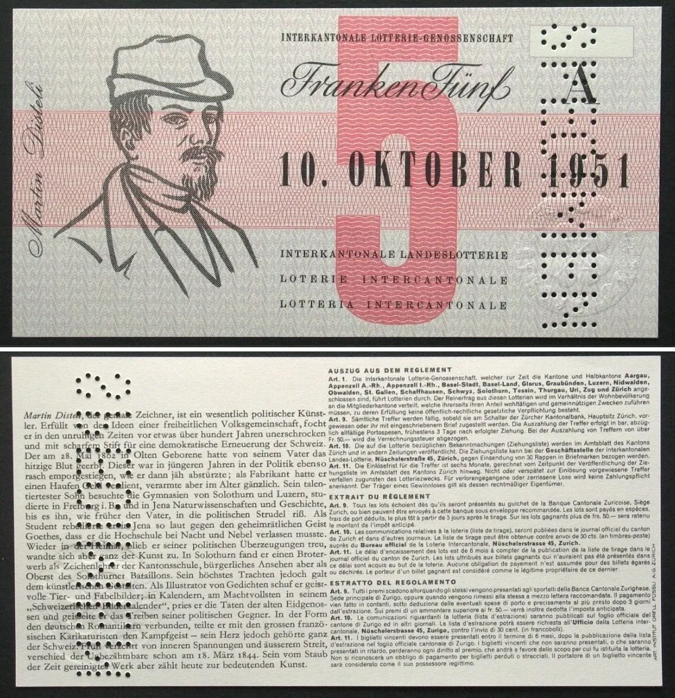 1951 Swisslos INTERKANTONALE LANDES-LOTTERIE - SPECIMEN 5 Francs 1951 RARE! UNC
