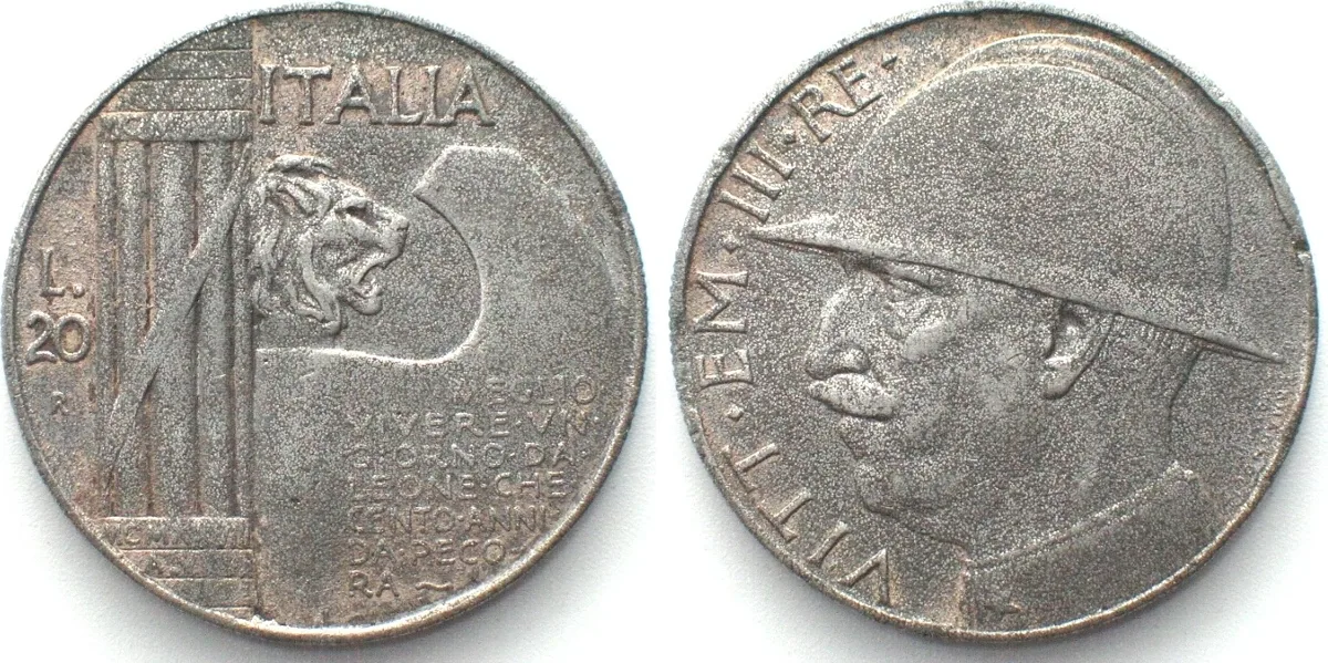1928 ITALY 20 Lire 1928 VITTORIO EMANUELE III, Contemporary counterfeit EF