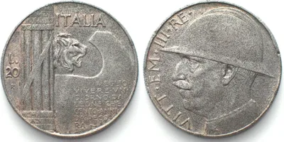 1928 ITALY 20 Lire 1928 VITTORIO EMANUELE III, Contemporary counterfeit EF