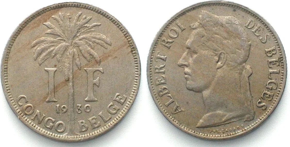 1930 BELGIAN CONGO 1 Franc 1930 ALBERT I Cu-Ni AU!