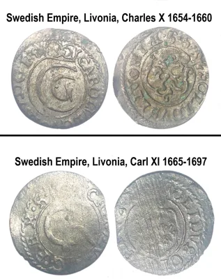 2 Sweden Empire coins Charles X 1654-1660 AD and Carl XI 1665-1697 AD