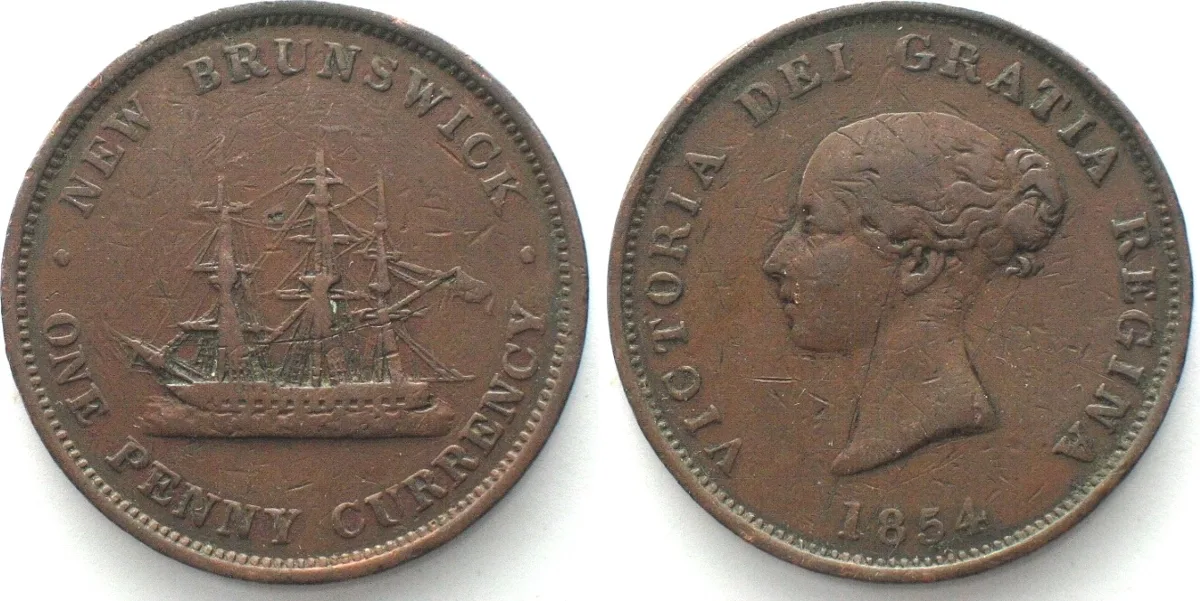 1854 Canada NEW BRUNSWICK. Penny 1854, Three masted ship, VICTORIA, copper VF