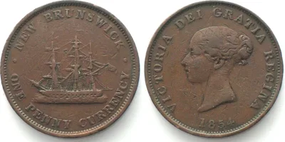 1854 Canada NEW BRUNSWICK. Penny 1854, Three masted ship, VICTORIA, copper VF