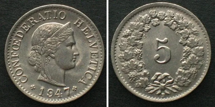 1947 SWITZERLAND 5 Rappen 1947 Cu-Ni UNC!