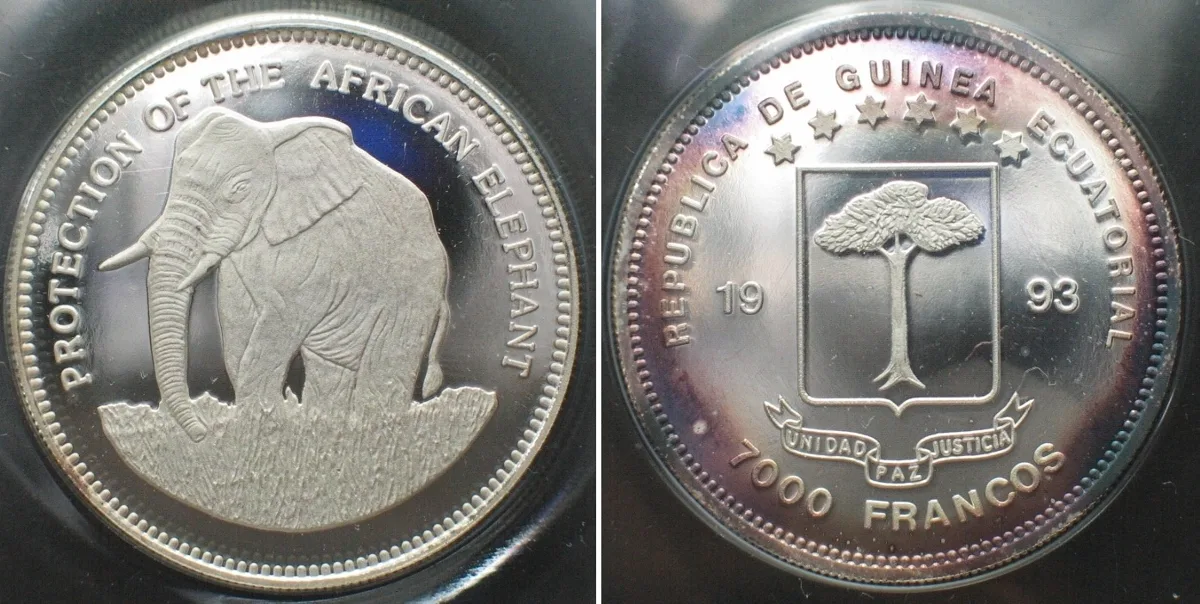 1993 EQUATORIAL GUINEA 7000 Francs 1993 ELEPHANT silver Proof SCARCE! Proof